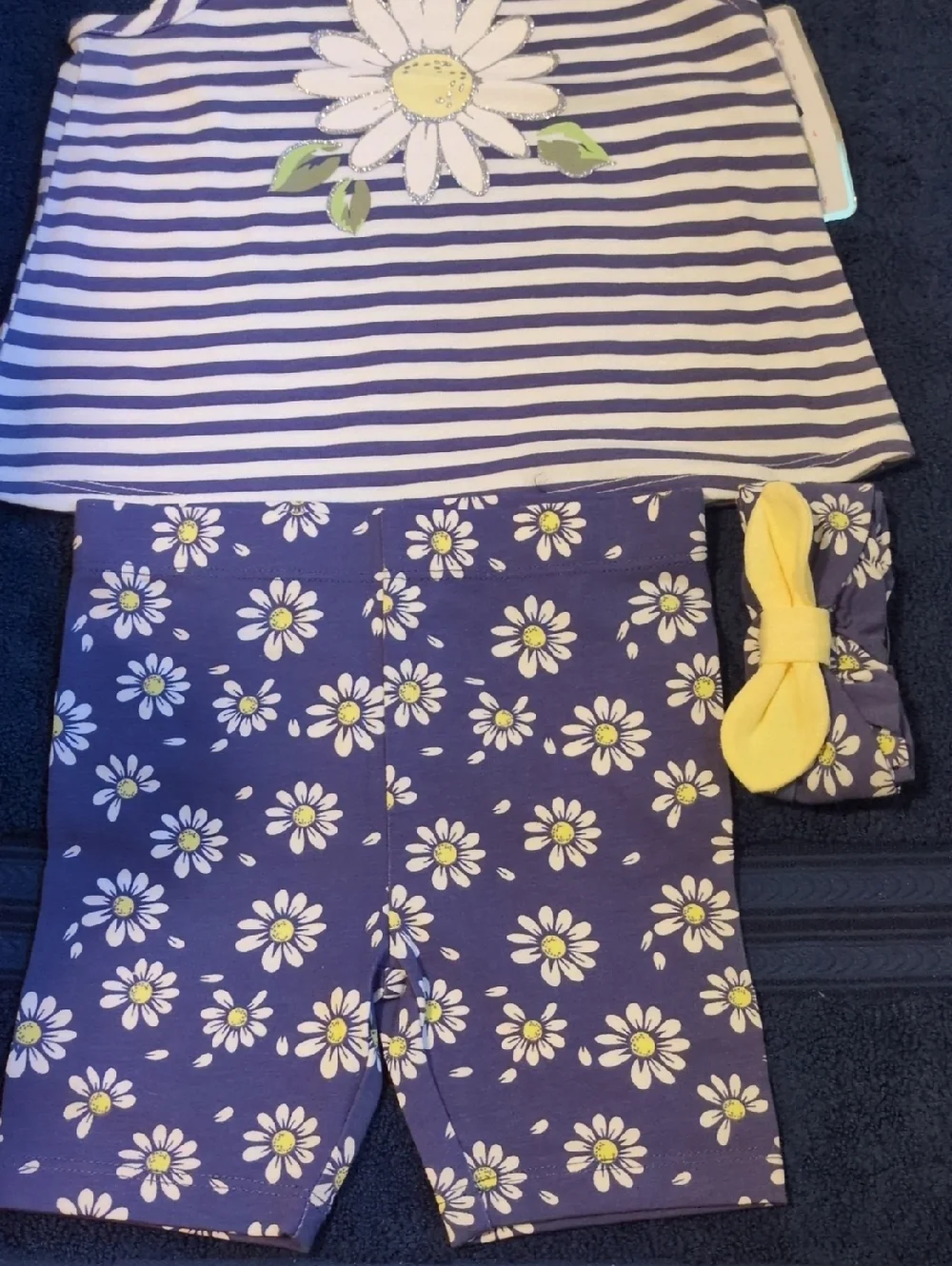 Little Lass 4 PC Daisy Stripe Tank & Shorts/Navy Shorts/Yellow Tank Headband 3T - Picture 3 of 7